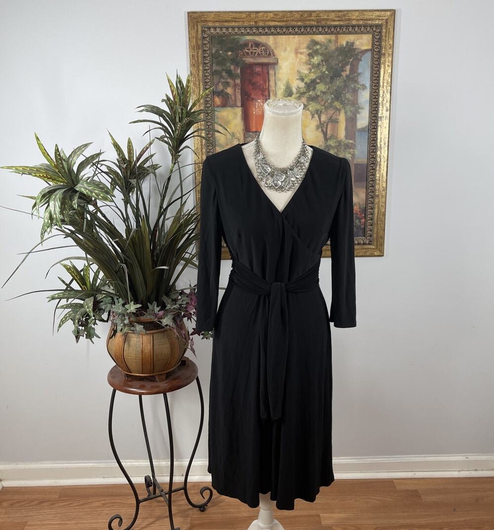 Kasper Dress Size 8 Black Faux Wrap A-Line Midi Tie Waist 3/4 Sleeve Stretch